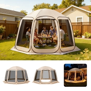 VEVOR Screen House Tent, 12 x 11 ft, 10-12 Person Pop Up Screen Tent, Portable Screened in Canopy with Carry Bag, Netting Sides, Ground Stakes, for Garden, Patio, Backyard, Outdoor Activities, Beige