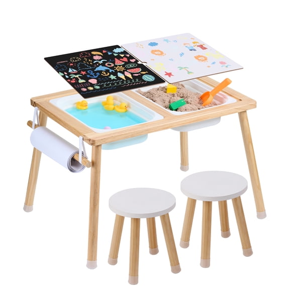 VEVOR Sensory Table and Chairs Set, Toddlers Activity Table with 2 Stools, 2 Storage Bins & Paper Roll Holder,Indoor/Outdoor Play Sand and Water Table,Wooden Kids Sensory Table - Gift for Boys Girls