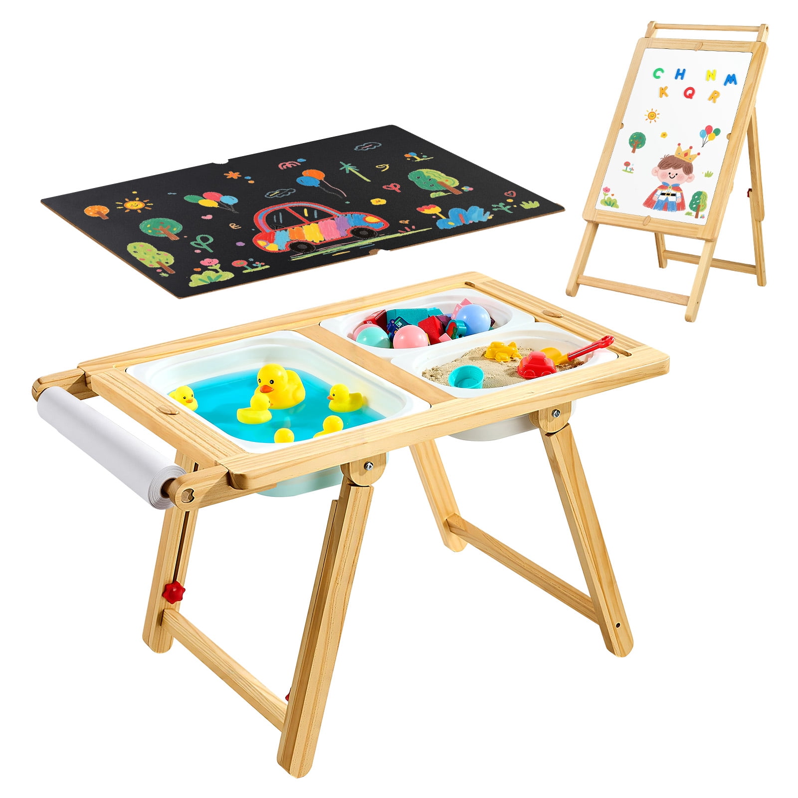VEVOR Sensory Table for Toddlers, Wooden Kids Activity Table and Art Easel with Reversible Double-Sided Board, Storage Bins, for Boys and Girls Playing Sand and Water, Drawing, Studying, Dining