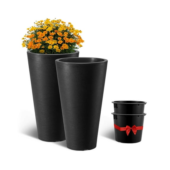 VEVOR Set of 2 Tall Planter For Outdoor Indoor Plants 24inch, Black Round Large Planters For Front Porch, Patio, Tall Taper Flower Tree Plant Pots with Modern Design and Built-in Drainage
