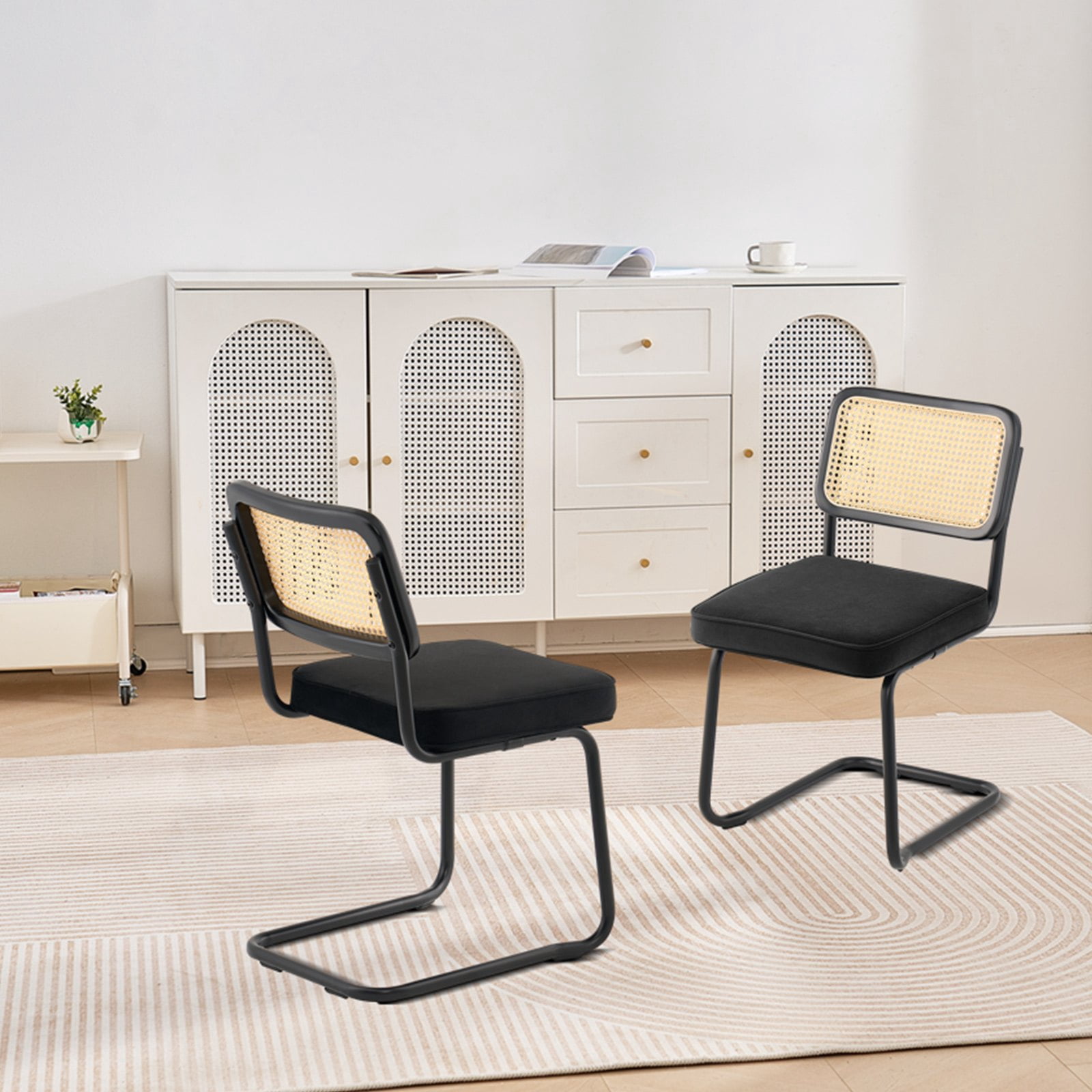 VEVOR Set of 2 Rattan Dining Chairs - Mid-Century Modern Velvet Upholstered Accent Chairs, Retro ...