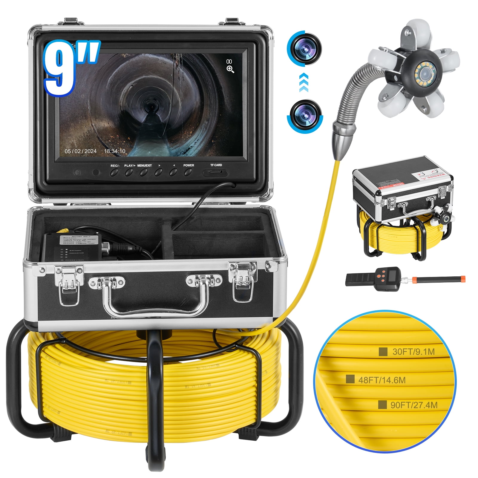 VEVOR Sewer Camera with 512Hz Locator, 98 ft/30 m, Self-Leveling Drain Inspection Camera with 9" 1080P HD Screen, 36X Zoom, Snake Plumbing Camera with Lights-12 LED, 32GB SD Card for Duct Pipe