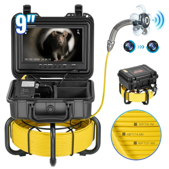 VEVOR Sewer Camera, 98 ft/30m, Self-Leveling Drain Inspection Camera with 9" 1080P HD Screen, 36X Zoom, IP68 Waterproof Plumbing Camera with Lights-12 LED, 32GB Card Snake Camera for Duct Pipe