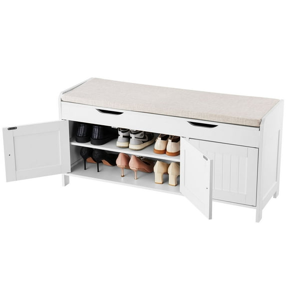 VEVOR Shoe Bench, 41.3 x 13.8 x 19.8 Inch Entryway Bench with Lift Top Storage and Seat Cushion, 250lbs Shoe Rack with 3 Cabinets and Height Adjustable Shelf, for Bedroom,Hallway, White + Black