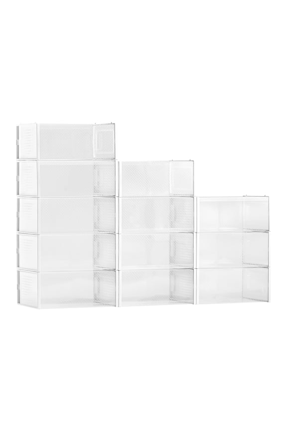 Shoe Storage Boxes, 12 Pack Stackable Shoe Boxes Storage Organizers, Fit up to US Size 11, Plastic Modular Space Saving Sneaker Containers for Storing High Heels, Boots, and Hats, White Frame