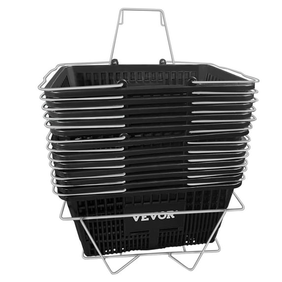 VEVOR Shopping Basket, 16.9 x 11.8 x 8.07 in/42.8 x 30 x 22 cm((L x W x H), Cast-Iron Handle and Stand, Set of 12 Store Baskets with Durable PE Material Used for Supermarket, Retail, Bookstore, Black