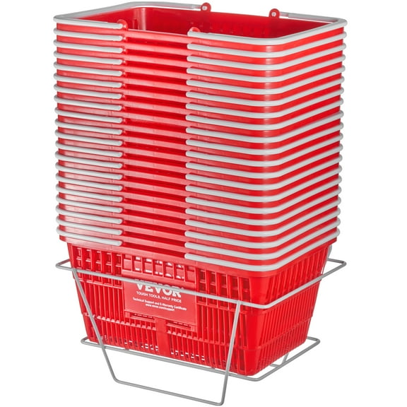 VEVOR Shopping Basket, Set of 20, 21L Durable Plastic Grocery Basket with Handle and Stand, 16.5 x 11.8 x 8.27 inch Portable Shop Basket Bulk Used for Retail Store Supermarket Grocery Shopping, Red