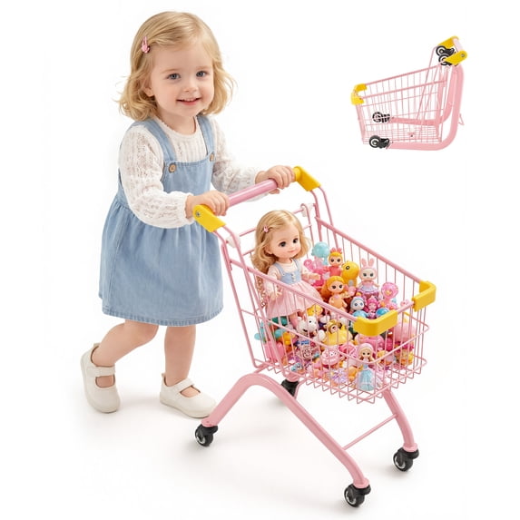VEVOR Shopping Cart for Kids, Sturdy Steel Frame, Grocery Store Pretend Play Toy with Wheels, Dense Mesh Basket, Toy Shopping Cart Trolley, Foldable Design, Flip-Open Back,for Kids & Toddlers Ages 3+