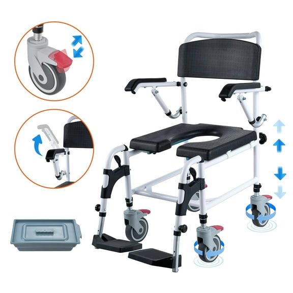 VEVOR Shower Commode Wheelchair with 4 Lockable Wheels, Footrests, Flip-up Arms, 3-Level Adjustable Height, 5L Removable Bucket, 350 LBS Capacity