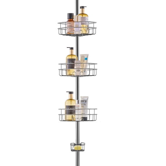 VEVOR Shower Corner Caddy Tension Pole, 39" to 125" High, Multi-Functional Shower Tension Pole with Strong Load-Bearing Tray, Rust-Proof Easy-to-Install Tension Pole