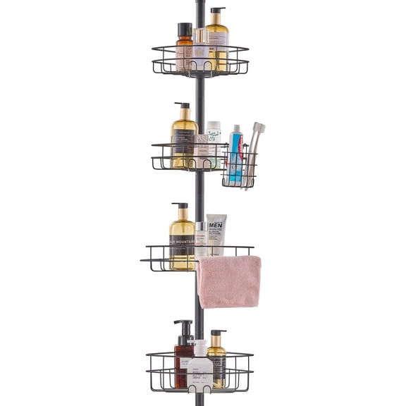 VEVOR Shower Corner Caddy Tension Pole, 42" to 114" High, Multi-Functional Shower Tension Pole with Strong Load-Bearing Tray, Rust-Proof Easy-to-Install Tension Pole