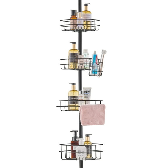 VEVOR Shower Corner Caddy Tension Pole, 56" to 114" High, Multi-Functional Shower Tension Pole with Strong Load-Bearing Tray, Rust-Proof Easy-to-Install Tension Pole, Fit for Bathroom & Washroom