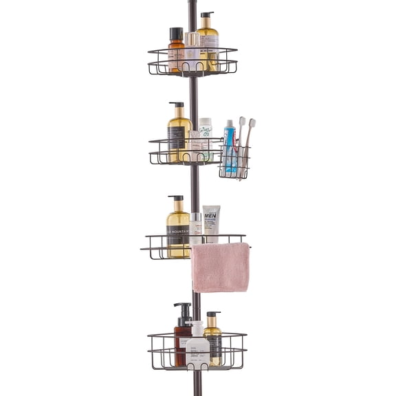 VEVOR Shower Corner Caddy Tension Pole, 56" to 114" High, Multi-Functional Shower Tension Pole with Strong Load-Bearing Tray, Rust-Proof Easy-to-Install Tension Pole