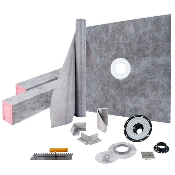 VEVOR Shower Curb Kit, 48"x48" Watertight Shower Curb Overlay with 4\" PVC Central Bonding Flange, 4\" Stainless Steel Grate, 2 Cuttable Shower Curb and Trowel, Shower Pan Slope Sticks