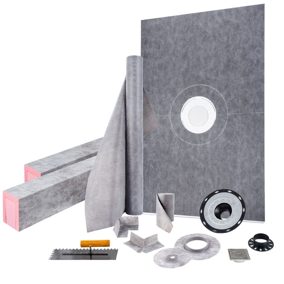 VEVOR Shower Curb Kit, 48"x72" Watertight Shower Curb Overlay with 4" ABS Central Bonding Flange, 4" Stainless Steel Grate, 2 Cuttable Shower Curb and Trowel, Shower Pan Slope Sticks Fit for Bathroom