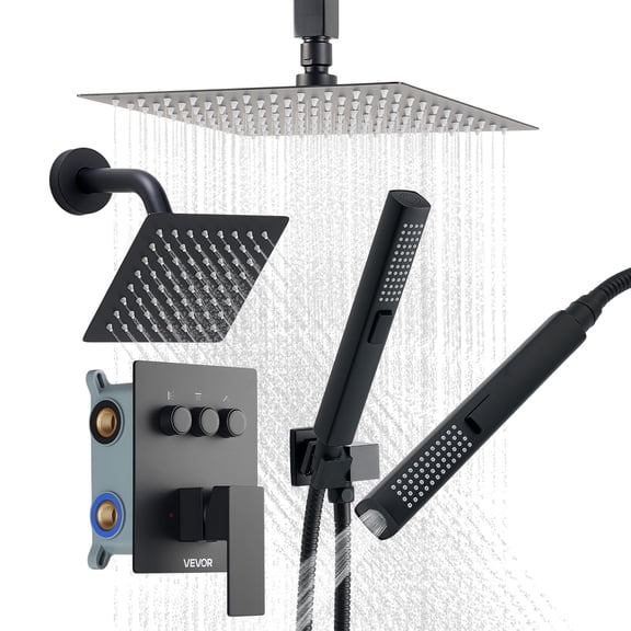 VEVOR Shower Faucet Set, 10 Inch Ceiling Mount Rainfall Shower System with 6 Inch Wall Mount Head and 2 in 1 Handheld Spray, Rotatable 3-Function Dual Rain Head Brass Valve and Trim Kit, Matte Black