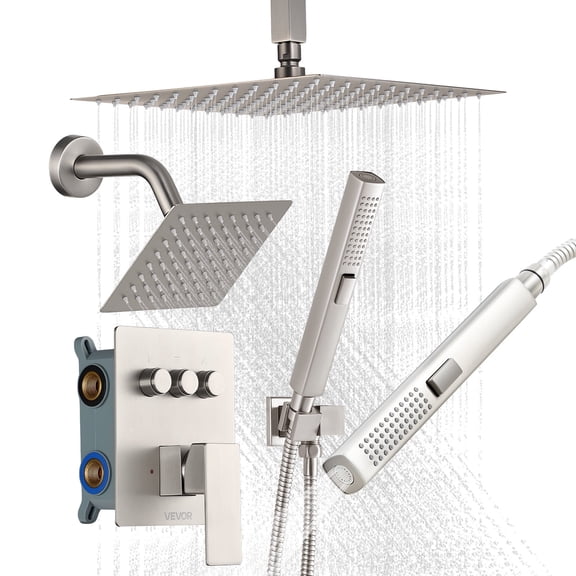 VEVOR Shower Faucet Set, 10 Inch Ceiling Mount Rainfall Shower System with 6 Inch Wall Mount Head and 2 in 1 Handheld Spray, Rotatable 3-Function Dual Rain Head Brass Valve & Trim Kit, Brushed Nickel