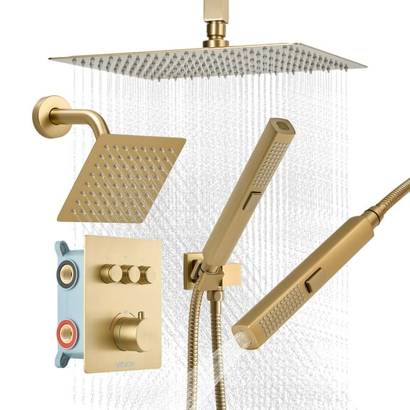 VEVOR Shower Faucet Set, 12 Inch Thermostatic Ceiling Mount Rainfall Shower System with 6 Inch Wall Mount Head and 2 in 1 Handheld Spray, 3-Function Dual Rain Head Brass Valve Trim Kit, Brushed Gold