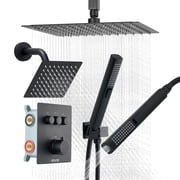 VEVOR Shower Faucet Set, 12 Inch Thermostatic Ceiling Mount Rainfall Shower System with 6 Inch Wall Mount Head and 2 in 1 Handheld Spray, 3-Function Dual Rain Head Brass Valve & Trim Kit, Matte Black