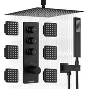 VEVOR Shower Faucet Set, 16 Inch Thermostatic Ceiling Mount Rainfall Shower System with 6 Body Jets and Handheld Spray, Rotatable 3-Function Rain Head Complete Brass Valve and Trim Kit, Matte Black