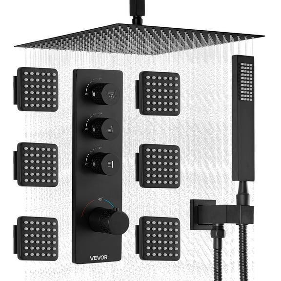 VEVOR Shower Faucet Set, 16 Inch Thermostatic Ceiling Mount Rainfall Shower System with 6 Body Jets and Handheld Spray, Rotatable 3-Function Rain Head Complete Brass Valve and Trim Kit, Matte Black