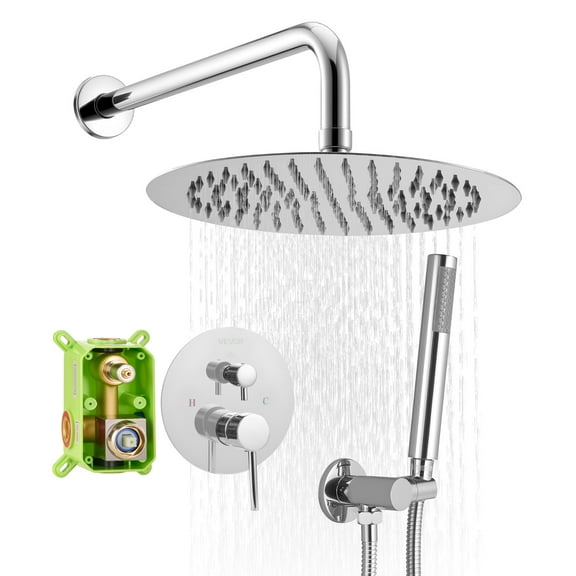 VEVOR Shower Faucet Set, Rainfall Bathroom Shower System with 10-Inch Round Rain Shower Head and Handheld Spray, Wall Mounted Bath Fixtures with Brass Valve and Trim Kit, Silver Chrome