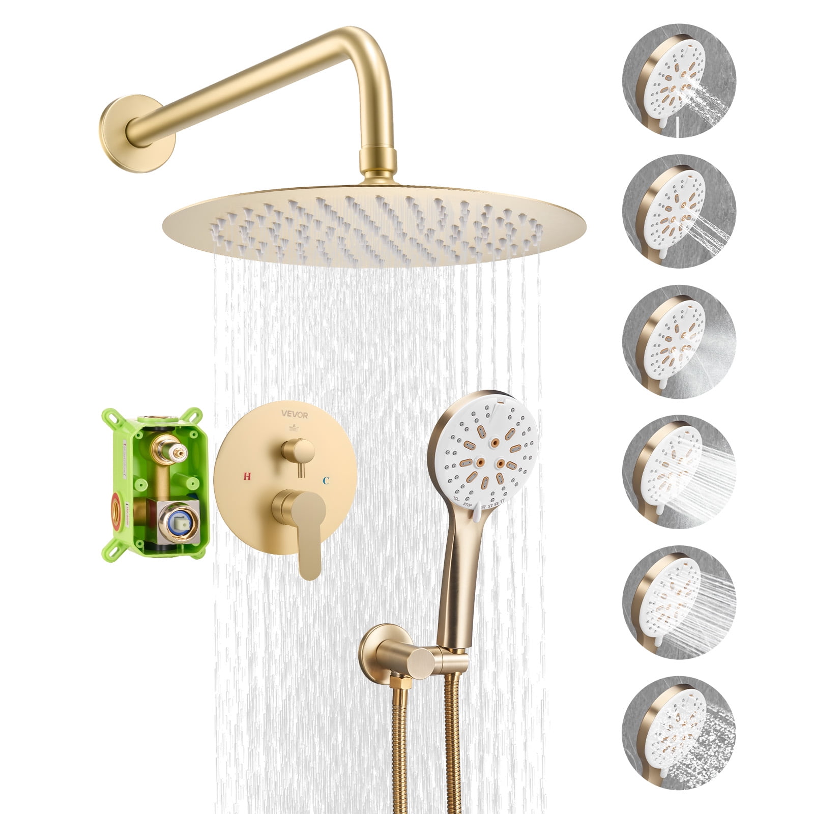 VEVOR Shower Faucet Set, Rainfall Bathroom Shower System with 10-Inch Round Rain Shower Head and Handheld Spray, Wall Mounted Bath Fixtures with Brass Valve and Trim Kit, Brushed Gold