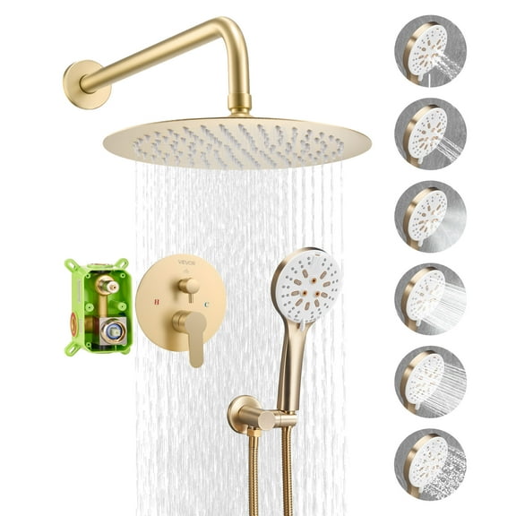 VEVOR Shower Faucet Set, Rainfall Bathroom Shower System with 10-Inch Round Rain Shower Head and Handheld Spray, Wall Mounted Bath Fixtures with Brass Valve and Trim Kit, Brushed Gold