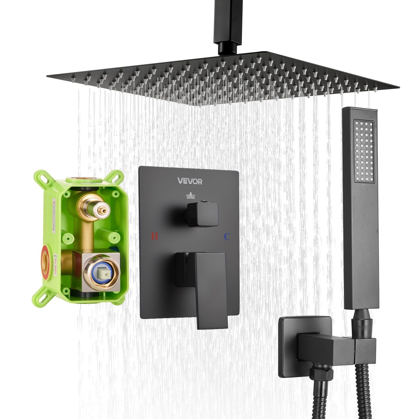 VEVOR Shower Faucet Set, Rainfall Bathroom Shower System with 10-Inch Square Rain Shower Head and Handheld Spray, Ceiling Mount Bath Fixtures with Brass Valve and Trim Kit, Matte Black