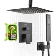 VEVOR Shower Faucet Set, Rainfall Bathroom Shower System with 10-Inch Square Rain Shower Head and Handheld Spray, Ceiling Mount Bath Fixtures with Brass Valve and Trim Kit, Matte Black
