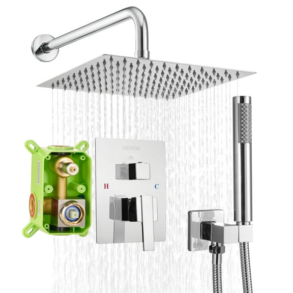 VEVOR Shower Faucet Set, Rainfall Bathroom Shower System with 10-Inch Square Rain Shower Head and Handheld Spray, Wall Mounted Bath Fixtures with Brass Valve and Trim Kit, Silver Chrome