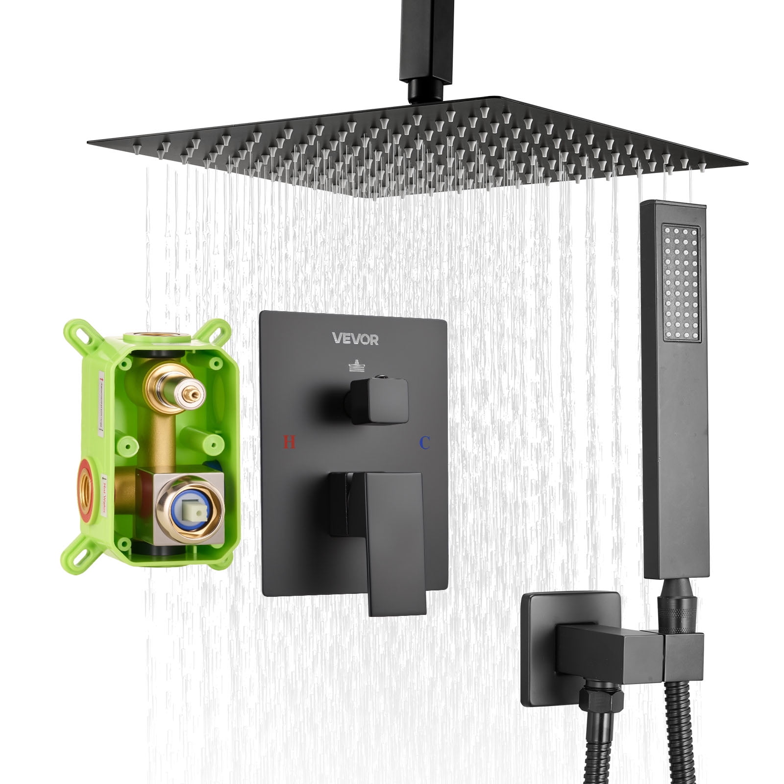 VEVOR Shower Faucet Set, Rainfall Bathroom Shower System with 12-Inch Square Rain Shower Head and Handheld Spray, Ceiling Mount Bath Fixtures with Brass Valve and Trim Kit, Matte Black