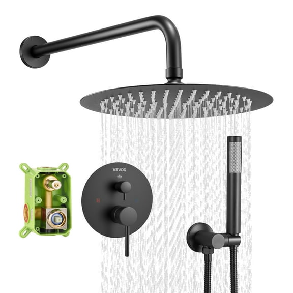 VEVOR Shower Faucet Set, Rainfall Bathroom Shower System with 8-Inch Round Rain Shower Head and Handheld Spray, Wall Mounted Bath Fixtures with Brass Valve and Trim Kit, Matte Black