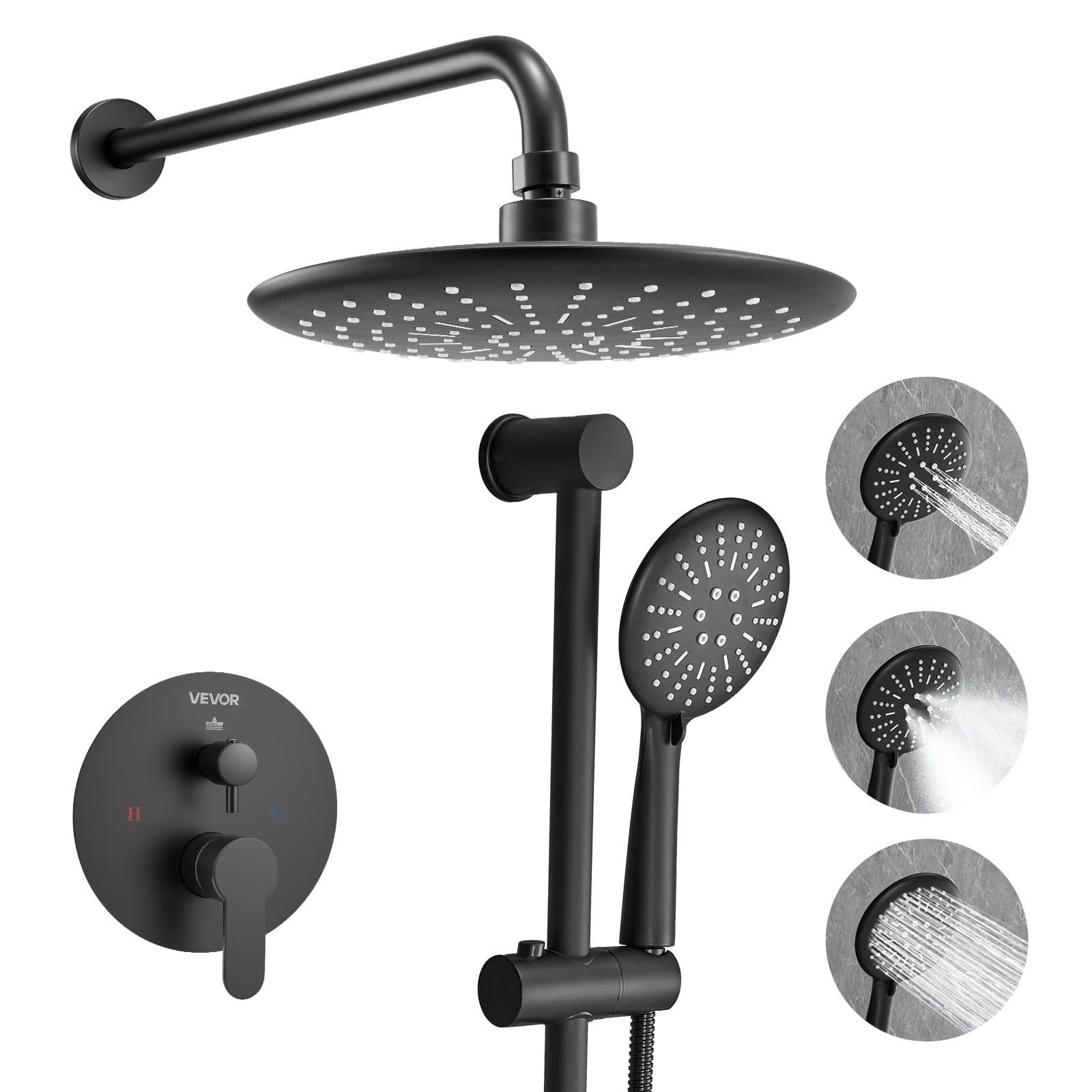 VEVOR Shower Faucet Set, Rainfall Bathroom Shower System with 9-Inch Round Rain Shower Head and Handheld Spray, Wall Mounted Bath Fixtures with Brass Valve and Trim Kit, Matte Black
