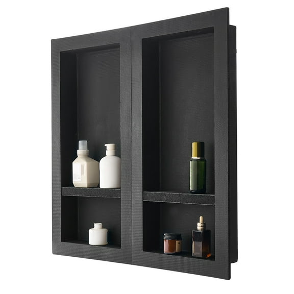 VEVOR Shower Niche, 16 x 32 inch + 16 x 32 inch Recessed Wall Niche with Movable Shelf, 4 inch Thick Modern Soap&Shampoo Storage Organizer,Square Corners,Sealed Waterproof,Black for Bathroom Shower