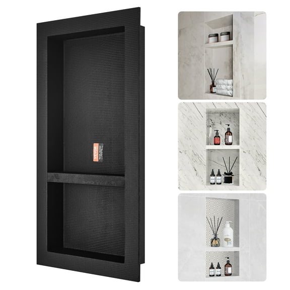 VEVOR Shower Niche Ready for Tile 16" x 32", Double Shelf Organizer, Square Corners Wall-inserted Niche Recessed, Sealed Protection Modern Soap Storage Niche for Shower Bathroom, Black
