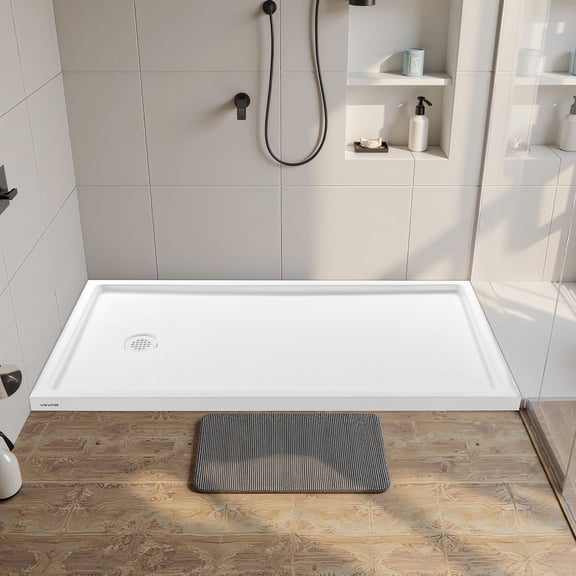 VEVOR Shower Pan, 60″ L x 32″ W Single Threshold Shower Base, Rectangle Acrylic & PVC Showering Base in White, Slip-Resistant Showering Pan Bases with Drain & Cover for Bathroom, Left Drain Location