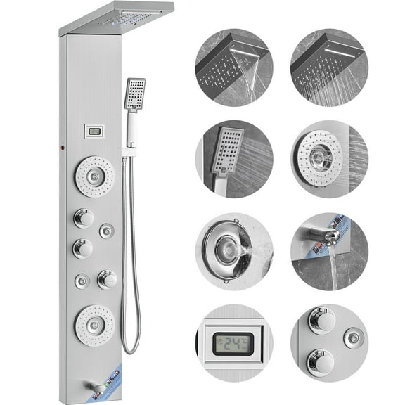 VEVOR Shower Panel System, 6 Shower Modes, LED & Display Shower Panel Tower, Rainfall, Waterfall,4 Body Massage Jets, Tub Spout, Handheld Shower Head 59" Hose,Stainless Steel Wall-Mounted Shower Set