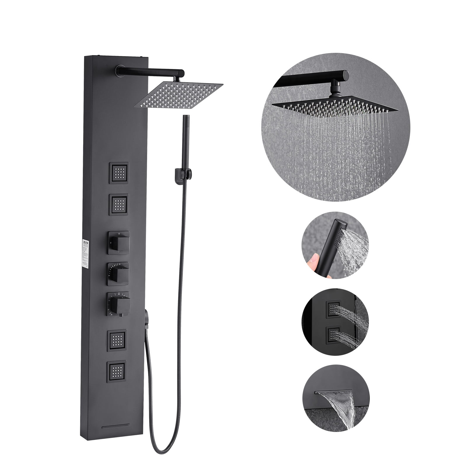 VEVOR Shower Panel Tower System with Rainfall Shower Head, 49 in Brushed Stainless Steel Shower Column, 4-Function Faucet, Wall-Mount Rain Massage System,with 4 Body Jets, Handheld,and Tub Spout