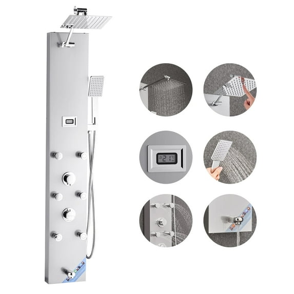 VEVOR Shower Panel Tower System with Rainfall Shower Head, LED, 49 in Brushed Stainless Steel Shower Column, 4-Function Faucet,Wall-Mount Rain Massage System with 6 Body Jets,Handheld,and Tub Spout