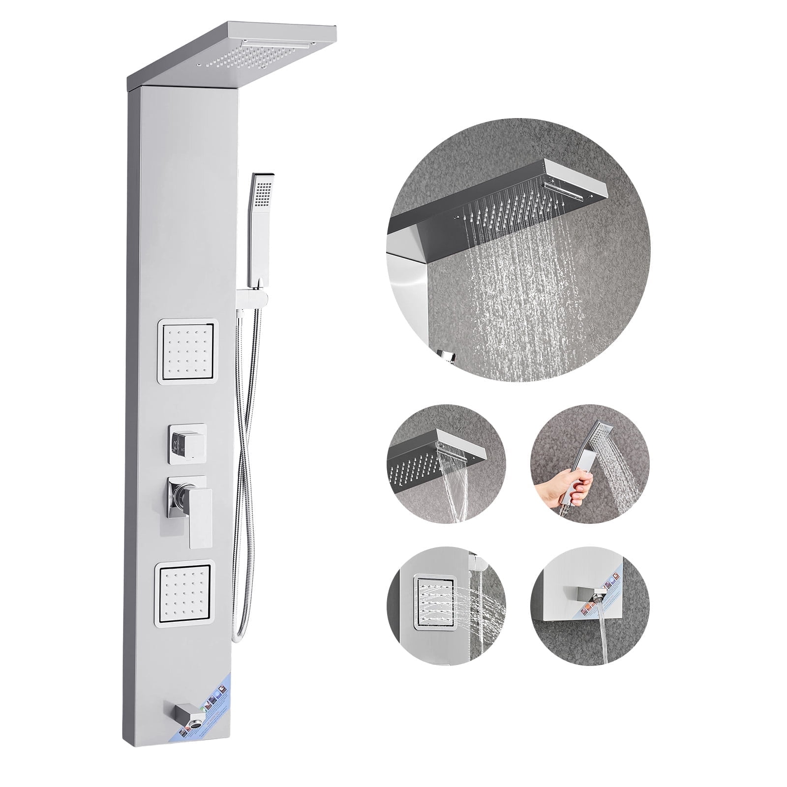 VEVOR Shower Panel Tower System with Rainfall Waterfall Shower Head, 53 in Brushed Stainless Steel Shower Column, 5-Function Faucet, Wall-Mount Rain Massage System with 2 Body Jet,Handheld,Tub Spout