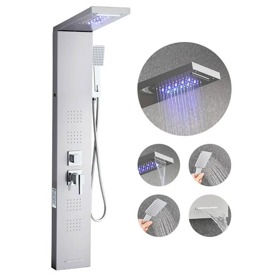 VEVOR Shower Panel Tower System with Rainfall Waterfall Shower Head, LED, 53 in Brushed Stainless Steel Shower Column, 5-Function Faucet, Wall-Mount Rain Massage System, with Handheld and Tub Spout