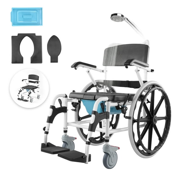 VEVOR Shower Wheelchair, 17.5in Width Aluminum Alloy Bathroom Wheelchair for Inside Shower, Adjustable Rolling Shower Chair w/ Brake for Disabled Adult,300 lbs Capacity Shower Commode Transport Chair
