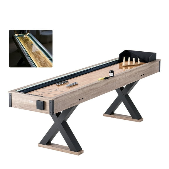 VEVOR Shuffleboard Table, 9 ft LED Light Up Shuffleboard for Family Game Room, 2 in 1 Shuffleboard and Bowling Combo Game Set, with Scratch-Resistant Playfield, Legs, 8 Pucks, Bowling Set, Wax