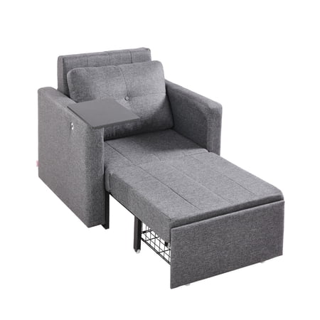VEVOR Sleeper Sofa Bed, Convertible Sleeper Bed with Side Pocket, Pillow, Armrest and Desk Board, 5 Adjustable Angles Backrest, Single Pull Out Sofa Couch with 2 Wheels and Bottom Storage, Gray