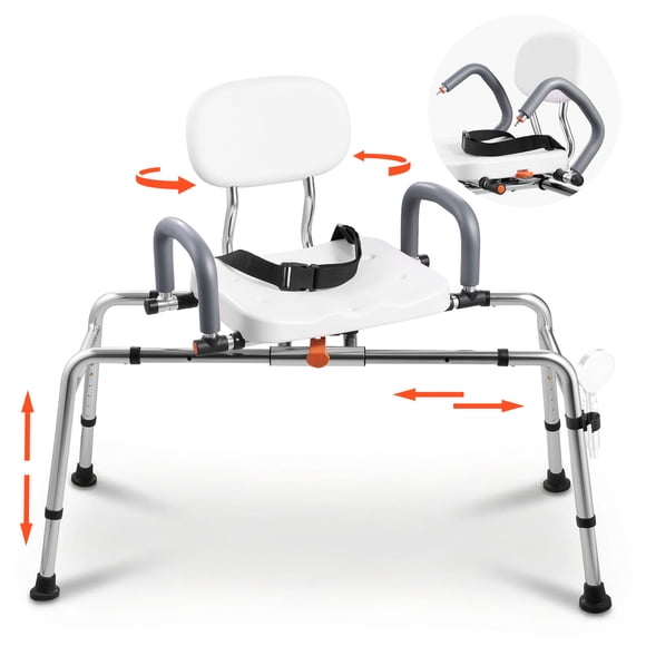 VEVOR Sliding Shower Chair, 400 lbs Tub Transfer Bench for Bathtub with Swivel Seat, Shower Bench with Pivoting Arms and Backrest, Height & Width Adjustable for Handicap, Seniors,Elderly and Disabled