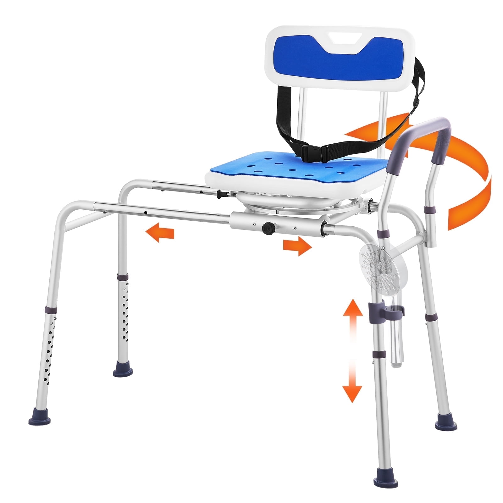 VEVOR Sliding Tub Transfer Bench with 360 Degree Swivel Seat, Height Adjustable Bathtub Transfer Bench with Armrest & Safety Belt, Non-Slip Rotating Shower Chair for Elderly Disabled