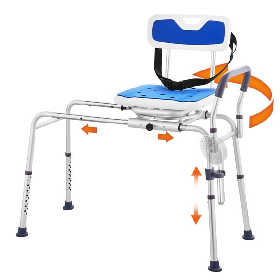 VEVOR Sliding Tub Transfer Bench with 360 Degree Swivel Seat, Height Adjustable Bathtub Transfer Bench with Armrest & Safety Belt, Non-Slip Rotating Shower Chair for Elderly Disabled