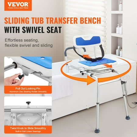 VEVOR Sliding Tub Transfer Bench Shower Chair with 360 Degree Swivel Seat 400LBS