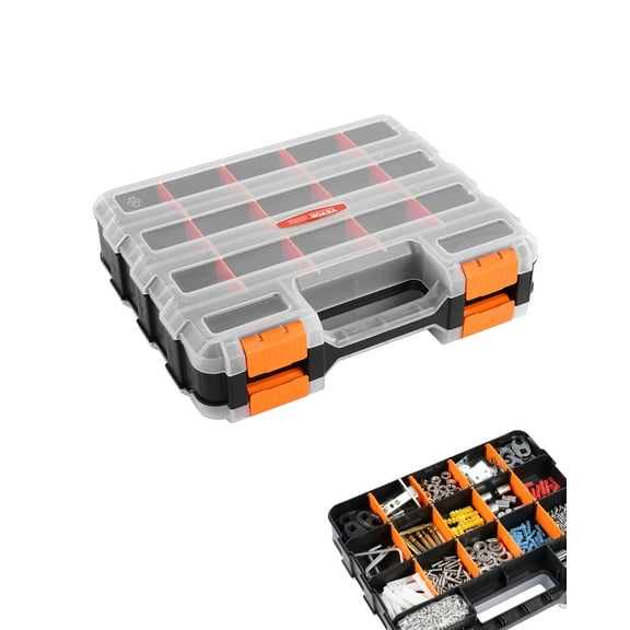 VEVOR Small Parts Organizer, 34-Compartment Double Side Tools Organizer Box with 24 Removable Dividers, PP Hardware Storage Box with Safety Latch & Portable Handle for Nuts, Bolts, Screws, Nails